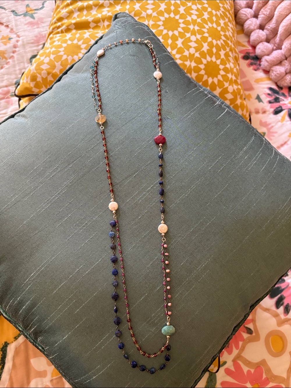 Multicolor Beaded Long Necklace with Pearl and Gemstone Accents